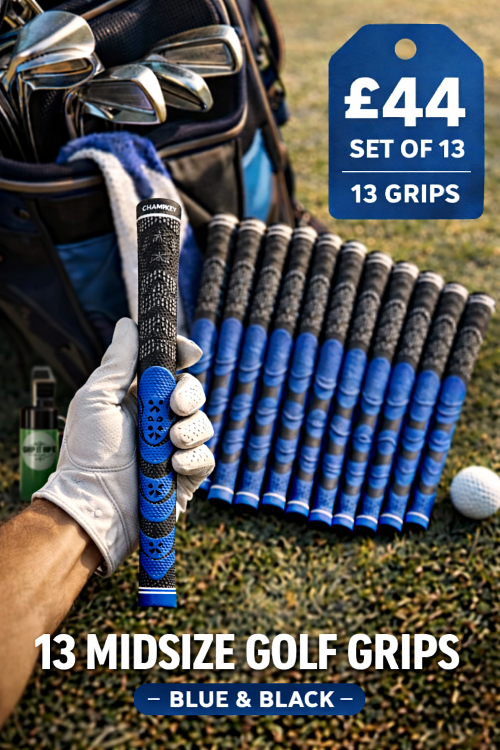 Champkey Midsize Golf Grips – Blue & Black | High Traction Control (Set of 13)