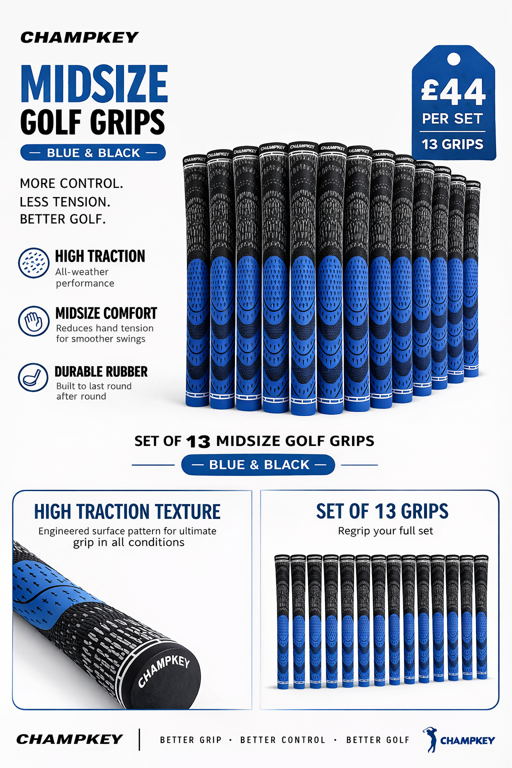 Champkey Midsize Golf Grips – Blue & Black | High Traction Control (Set of 13)