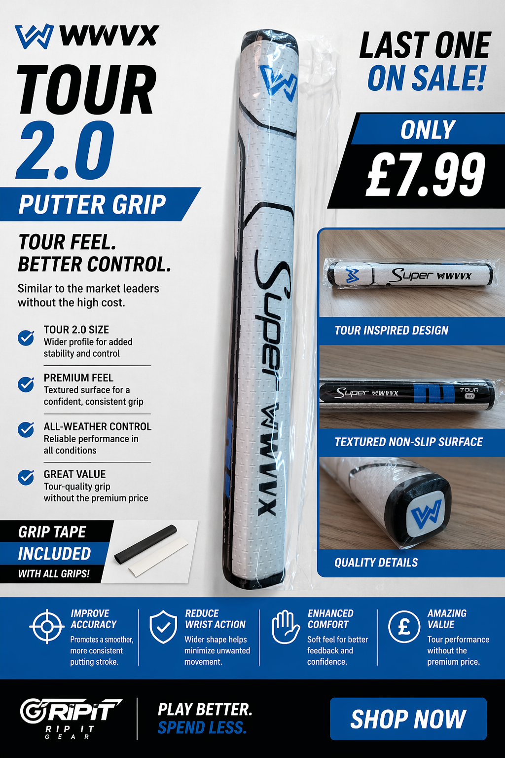 WWVVX Super Stroke Style Putter Grip – Tour 2.0 – White/Black/Blue – Grip Tape Included – LAST ONE