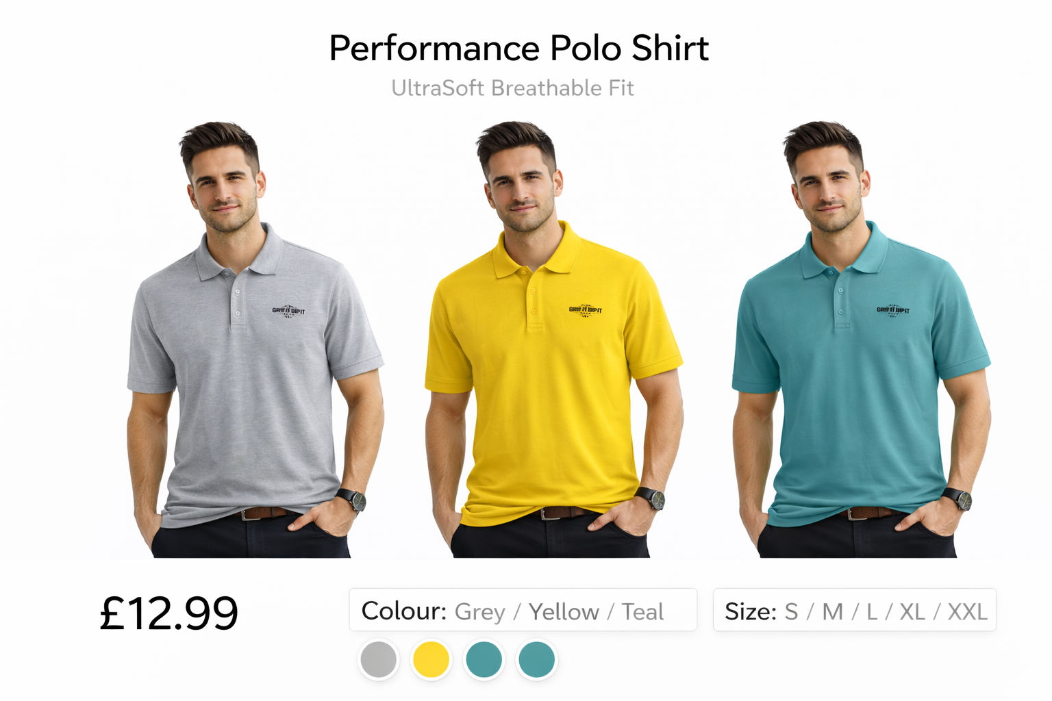 Performance Polo Shirt – UltraSoft Breathable Fit  💰 Price  £12.99  🎨 Available Colours Grey Yellow Teal 📏 Available Sizes  M L XL XXL